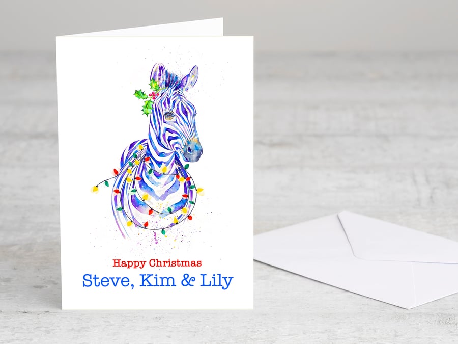 Personalised Zebra Christmas Card premium quality exotic animal