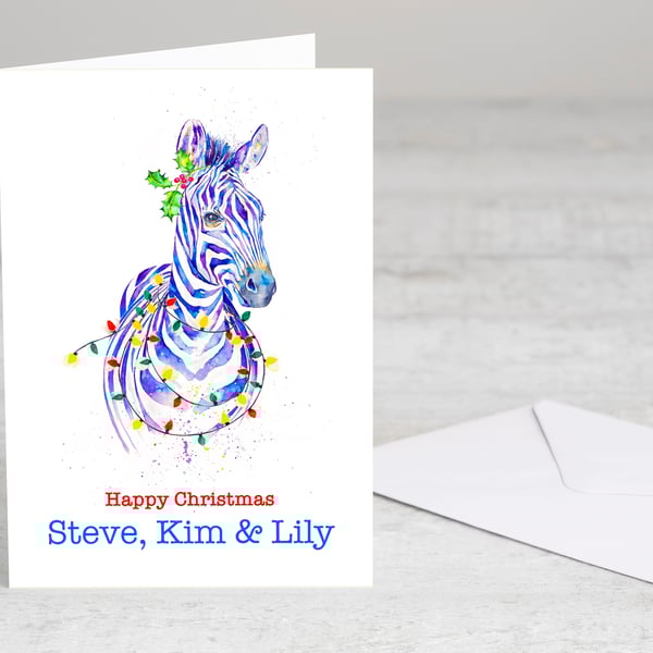 Personalised Zebra Christmas Card premium quality exotic animal