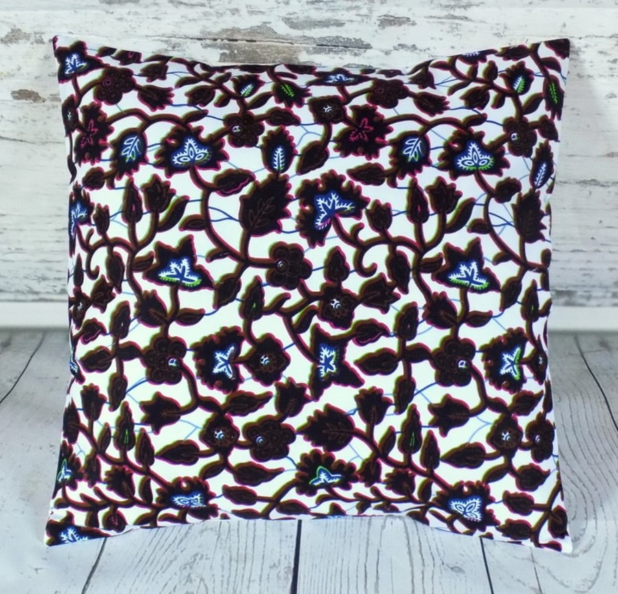 Cushion cover. African wax print, indigo and multicolour on white