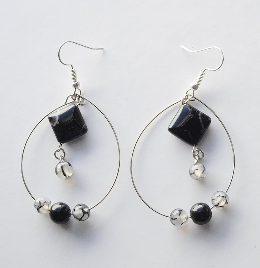 Black and White Agate and Obsidian Gemstone Bead Silver Plated Hoop Earrings