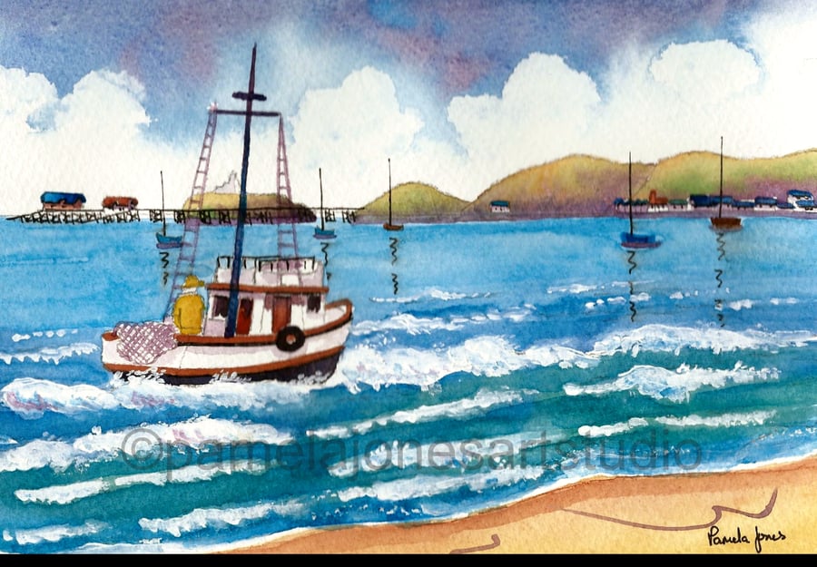 Fishing Boat, Mumbles, Swansea Bay, Wales, Original Watercolour in 14 x 11 Mount