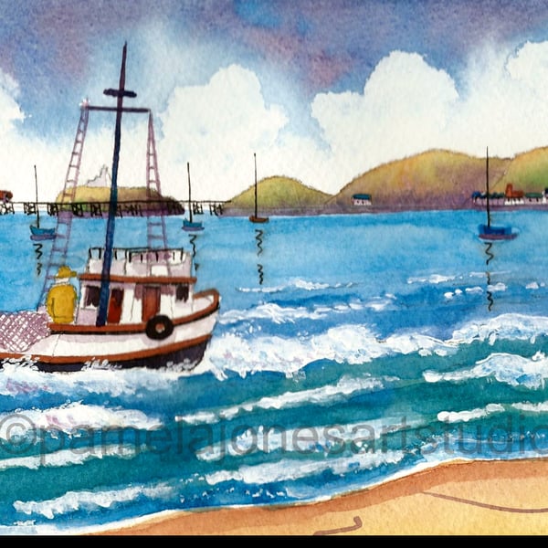 Fishing Boat, Mumbles, Swansea Bay, Wales, Original Watercolour in 14 x 11 Mount