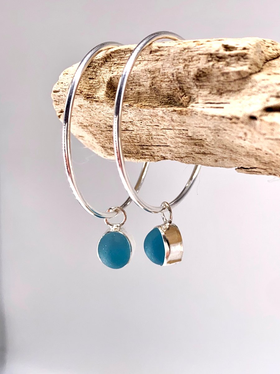 Light Blue Sea Glass Hoop Earrings
