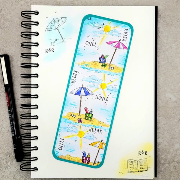 Bookmark - handpainted - watercolour, parasol, totebag, flipflops, sand, sea