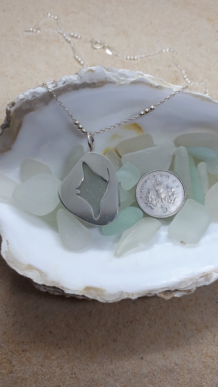 Sea glass and silver manta ray pendant - Seconds Sunday 