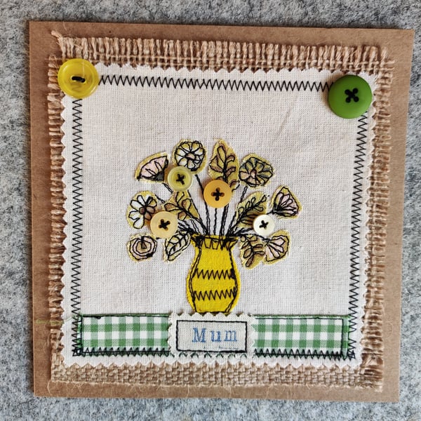 Handmade, fabric, free motion machine embroidery Mother's Day cards  