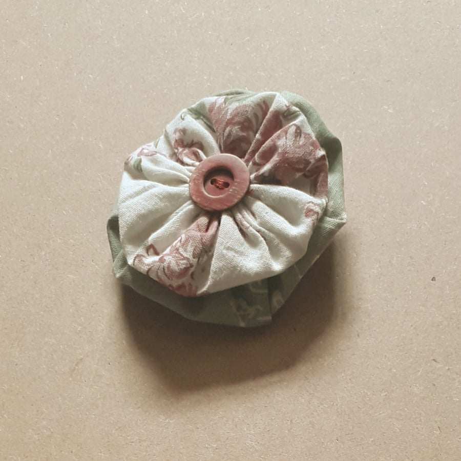 Fabric Button Brooch - green and rose