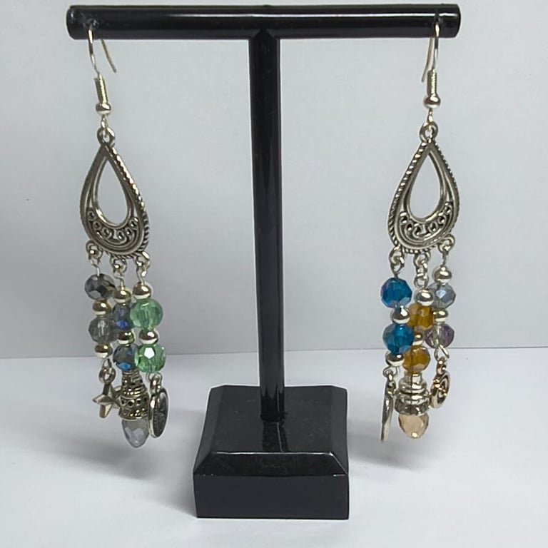 Handmade Celestial Drop Earrings Colourful Glass Bead Silver Moon Star Gift