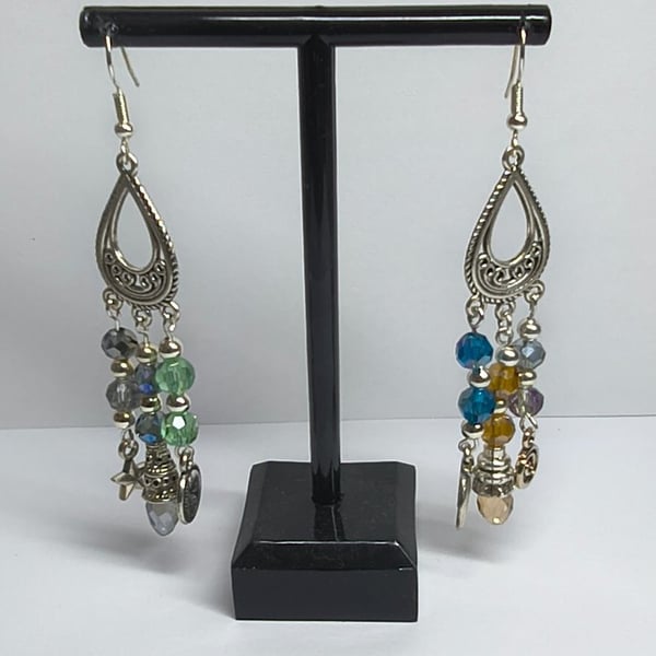 Handmade Celestial Drop Earrings Colourful Glass Bead Silver Moon Star Gift