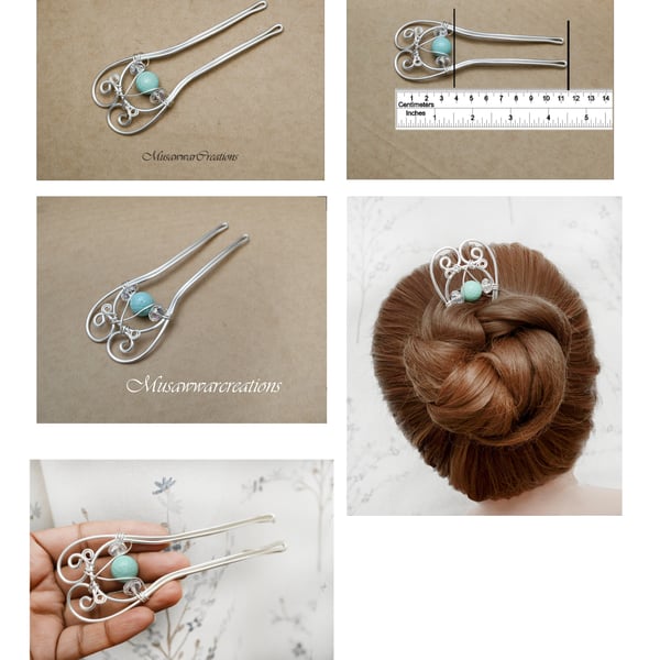Handmade  shell pearl Hair bun Fork ,Hair bun Pin ,Silver Hair bun fork 