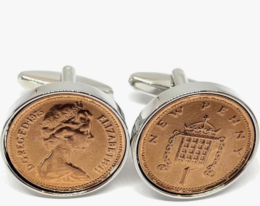 1975 50th Birthday Anniversary 1 pence coin cufflinks - One pence cufflinks from