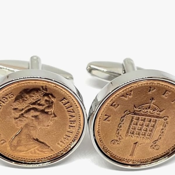 1975 50th Birthday Anniversary 1 pence coin cufflinks - One pence cufflinks from