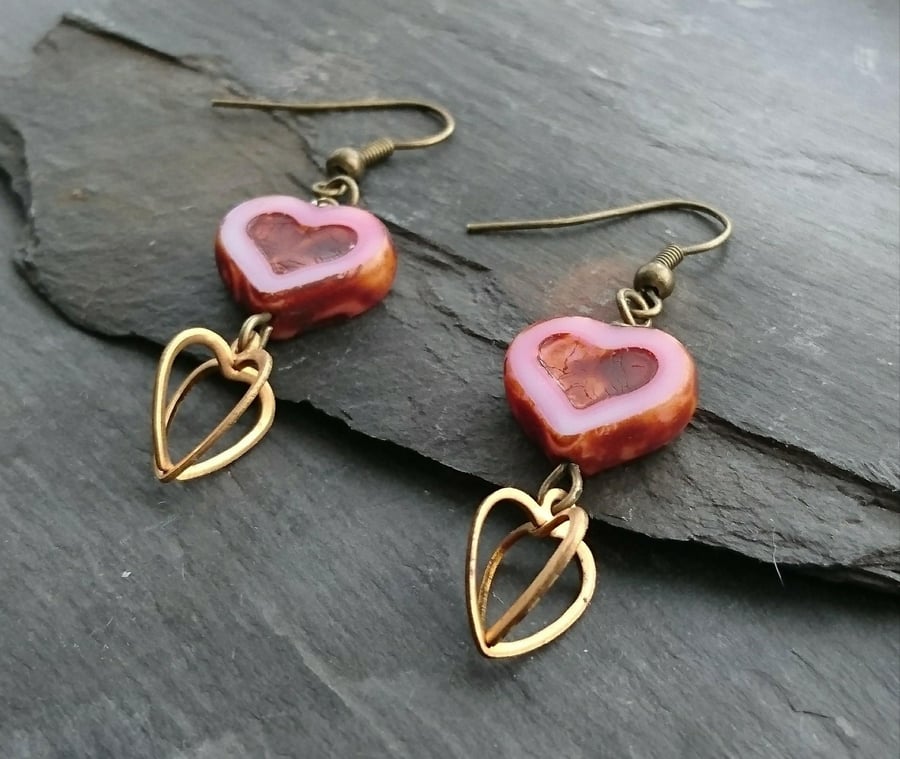 SALE pink heart and 3d heart charm earrings