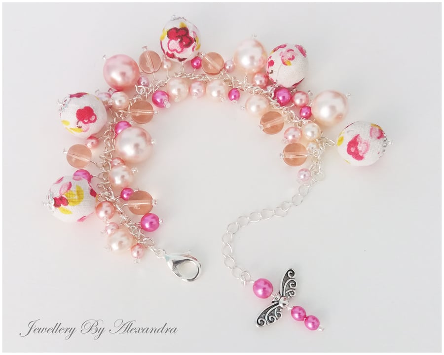 Cluster Bracelet-Pink with Cotton Wrapped Beads and Dragonfly Charm
