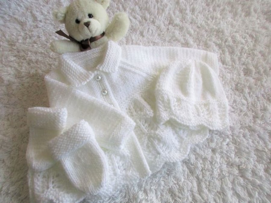 14" Newborn Matinee Coat  Hat & Mittens Set