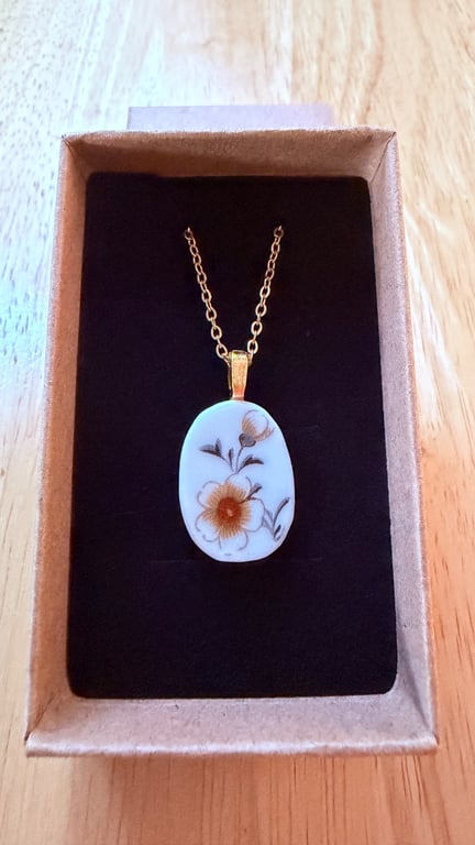 Upcycled bone china necklace orange flowers