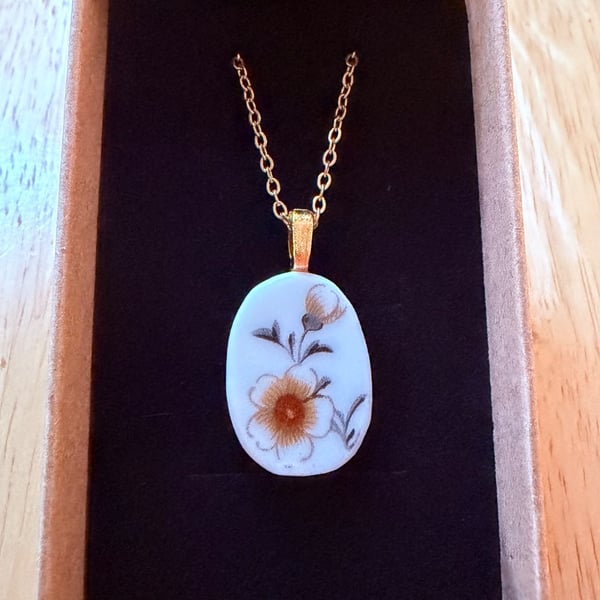 Upcycled bone china necklace orange flowers