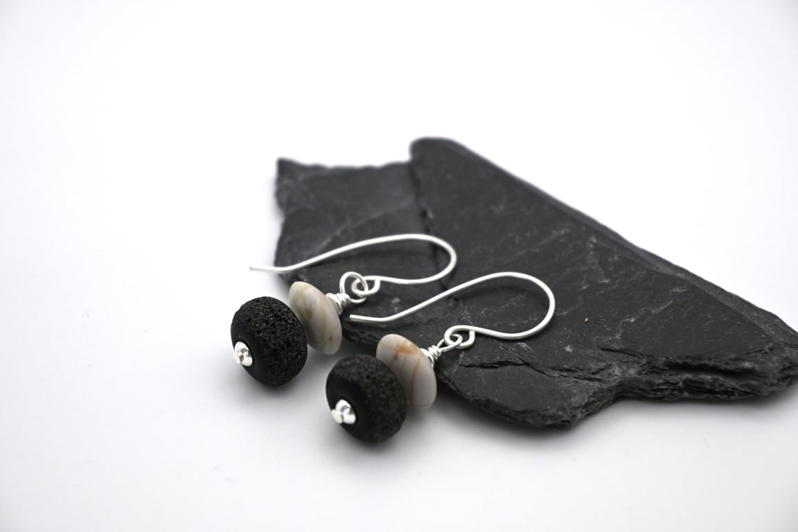 black lampwork glass and jasper earrings