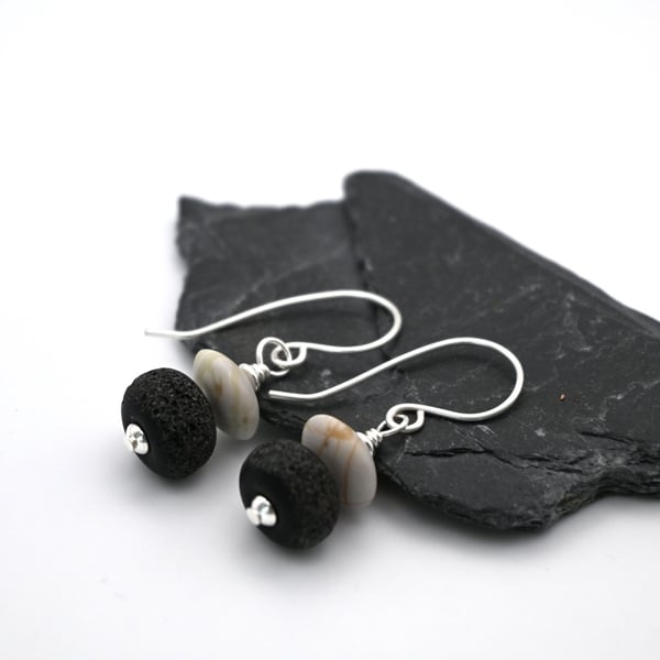 black lampwork glass and jasper earrings