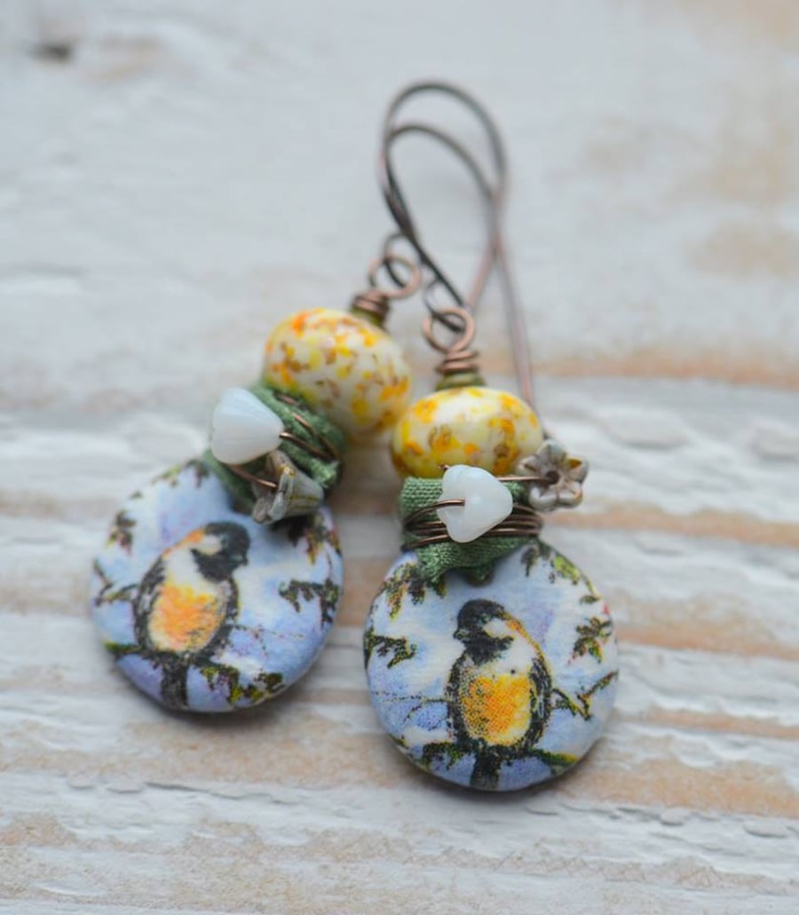 Handmade Earrings with Bird Charms, Sari Ribbon & Lampwork Glass Beads