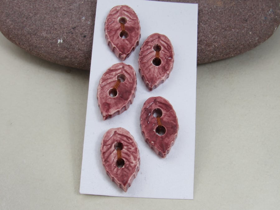 5 Small Leaf Shaped Rose Red Ceramic Buttons