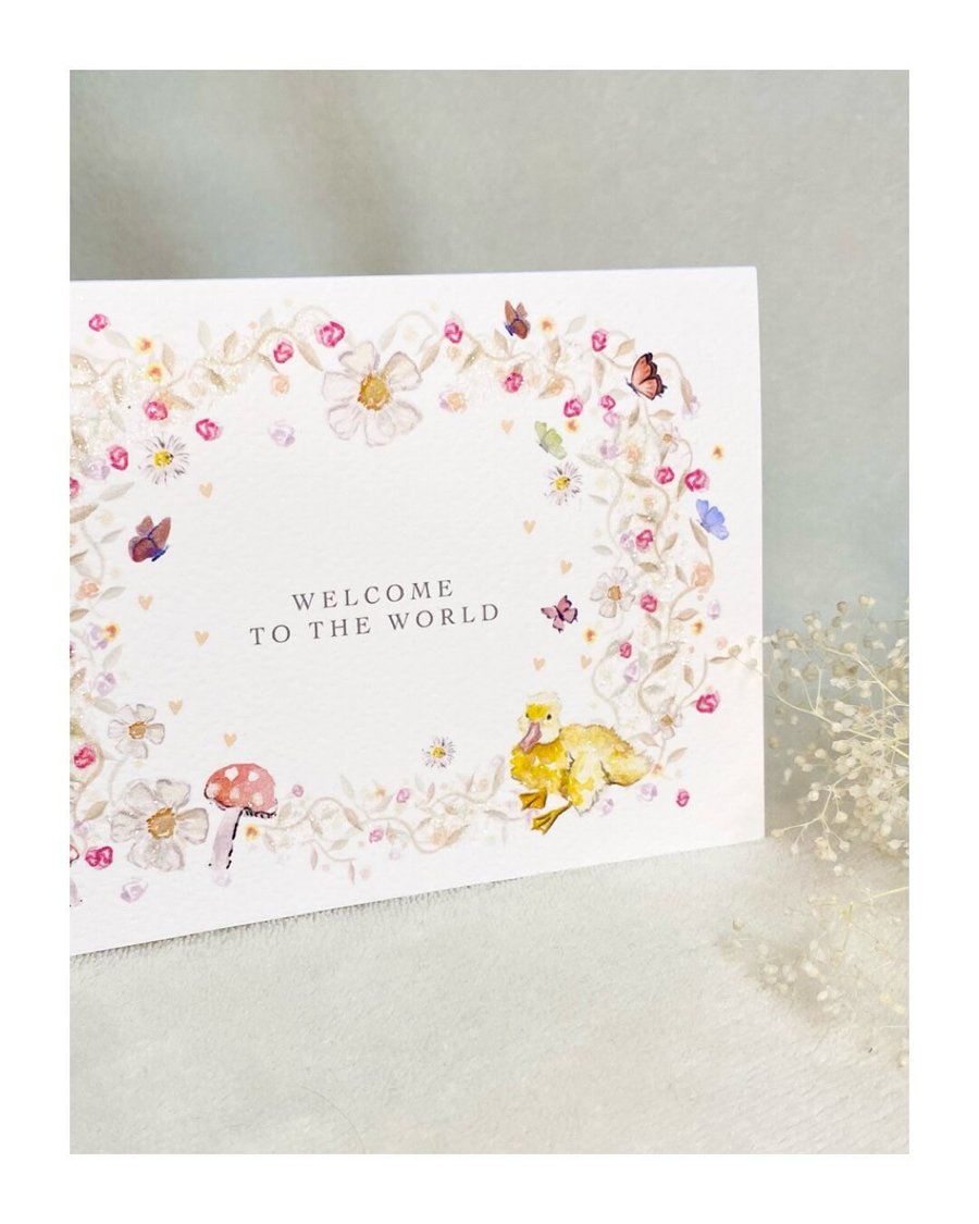 Beautiful delicate New Baby Greeting Card neutral with Bio Glitter