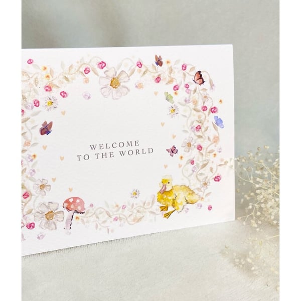 Beautiful delicate New Baby Greeting Card neutral with Bio Glitter