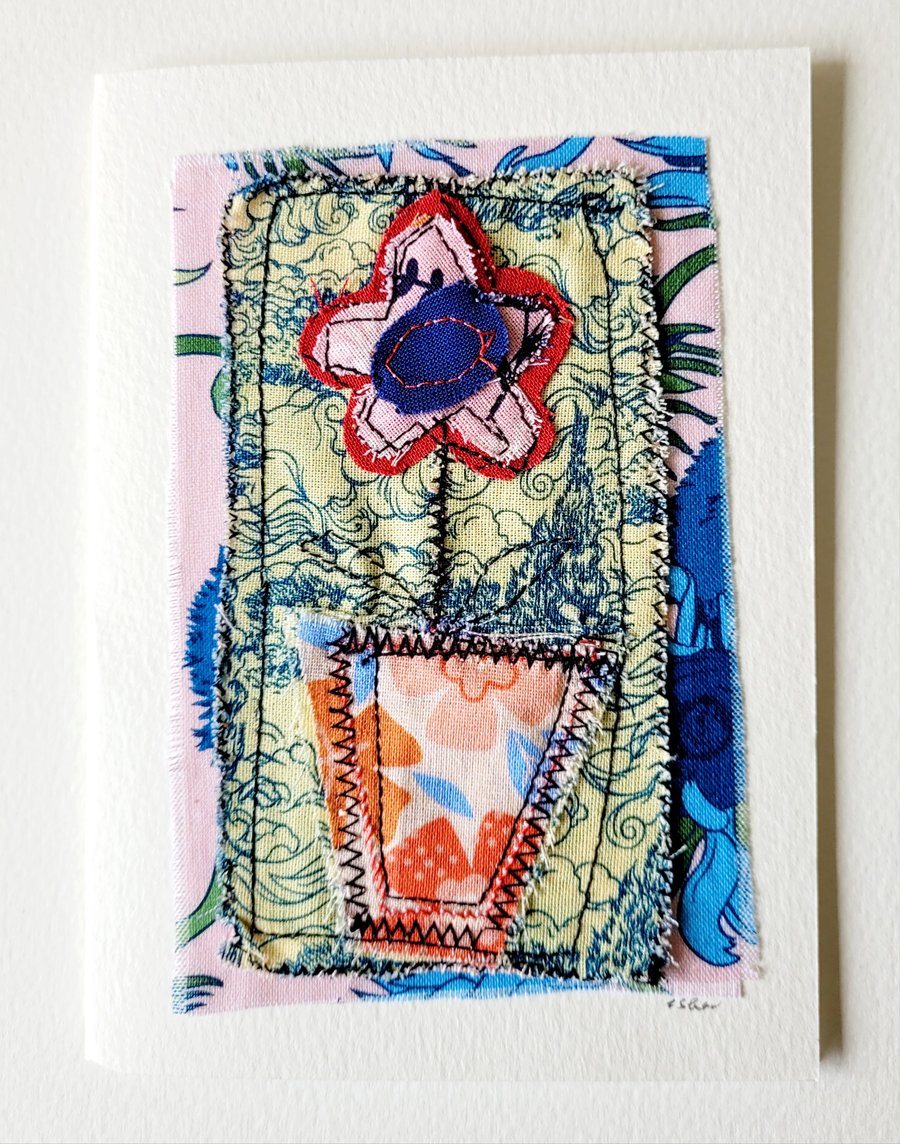 Handmade 'Potted Flower' Fabric Greeting Card 