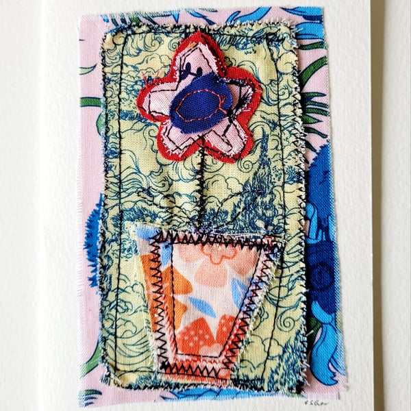 Handmade 'Potted Flower' Fabric Greeting Card 