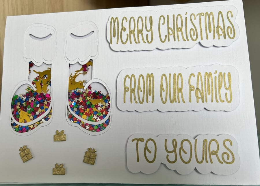 Luxury Christmas Card. From our Family to Yours. Santa Boots shaker card