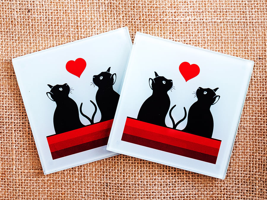 Glass cat coaster square silhouettes red heart stripes gift for cat lover 