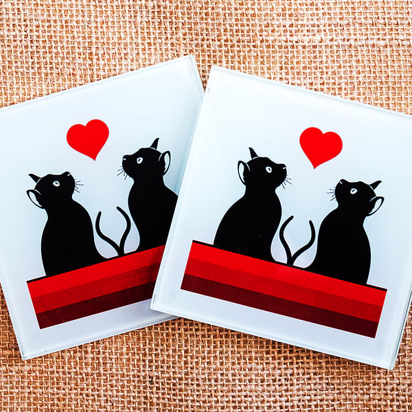Glass cat coaster square silhouettes red heart stripes gift for cat lover 