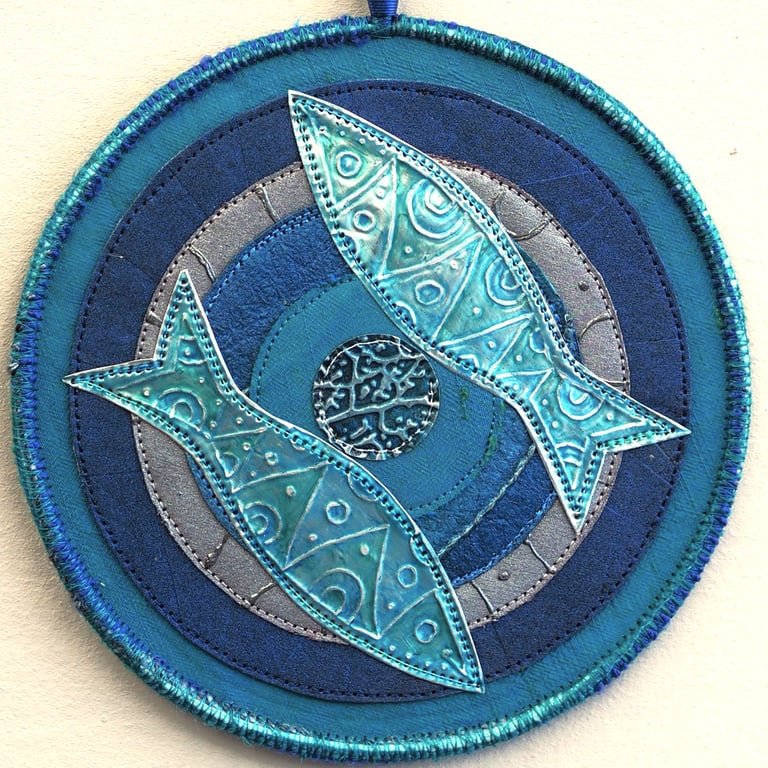 FSMM061 - Fish Mandala Wall Hanging-15cm diameter-Turquoise-Blue-Silver