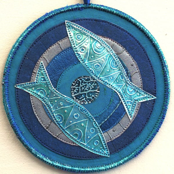 FSMM061 - Fish Mandala Wall Hanging-15cm diameter-Turquoise-Blue-Silver