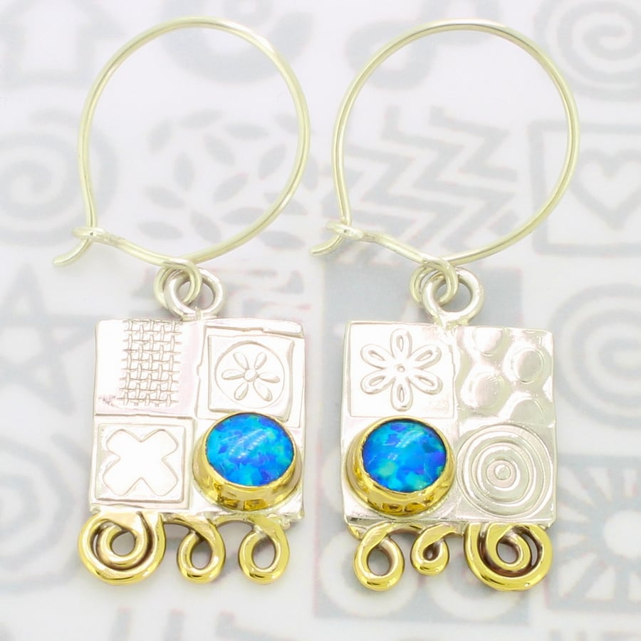 Handmade silver earrings, contemporary blue opal earrings, unusual, birthstone
