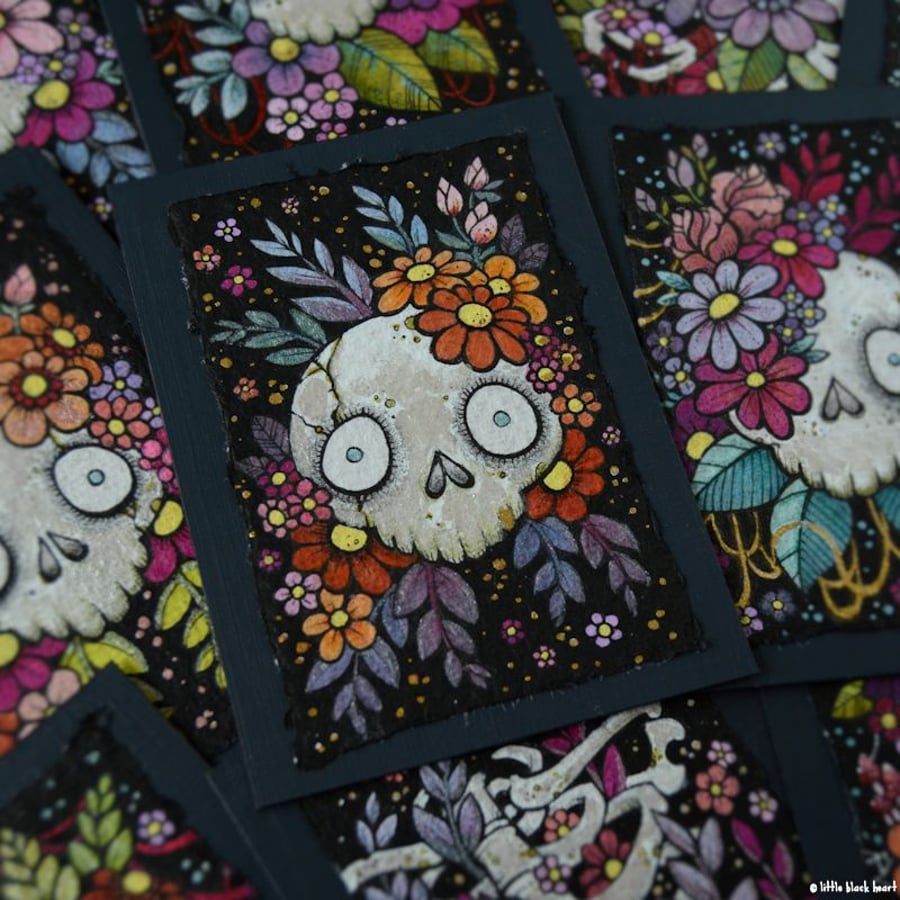 bony botanical skull - original aceo