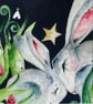 Mounted Print from my Original Resting Hares Rabbits in Moonlight Painting - Image 4