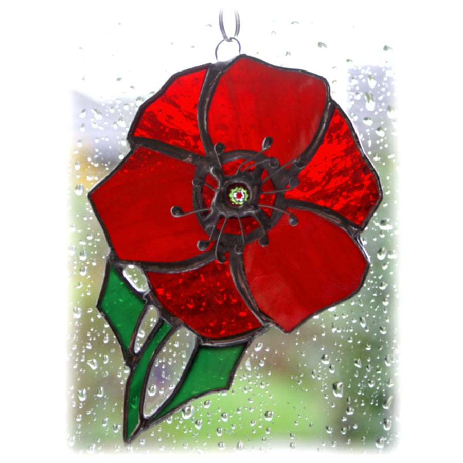 Poppy Suncatcher Stained Glass Handmade Red Flower