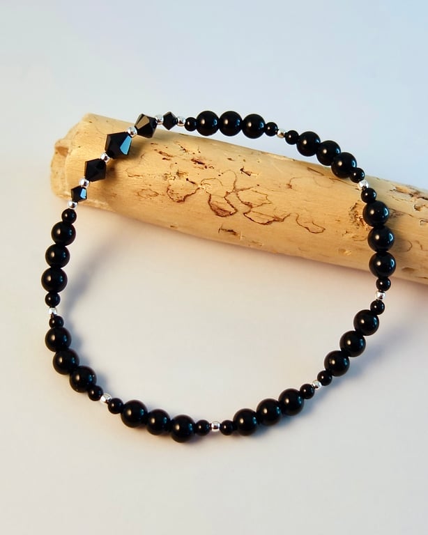 Black Onyx, Crystal & Silver Bracelet, Birthday, Anniversary, Gifts For Her