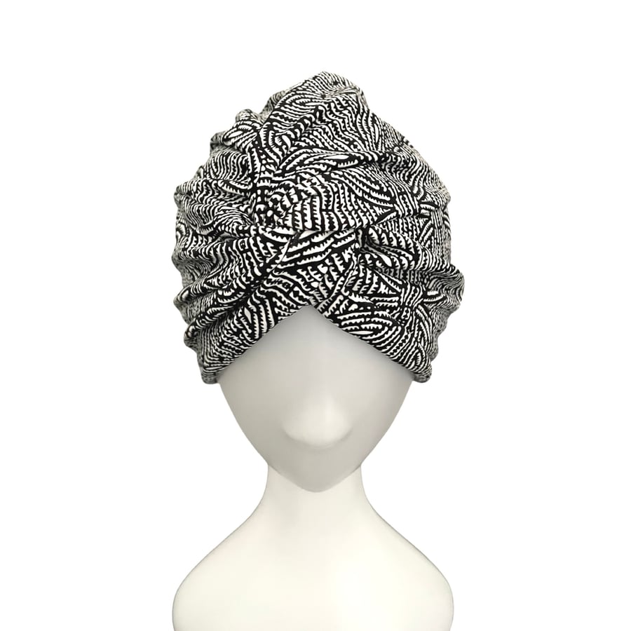 Black and white patterned vintage style head turban head wrap, Thin soft lycra 