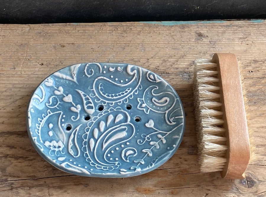 Handmade Ceramic Paisley Blue Soapdish