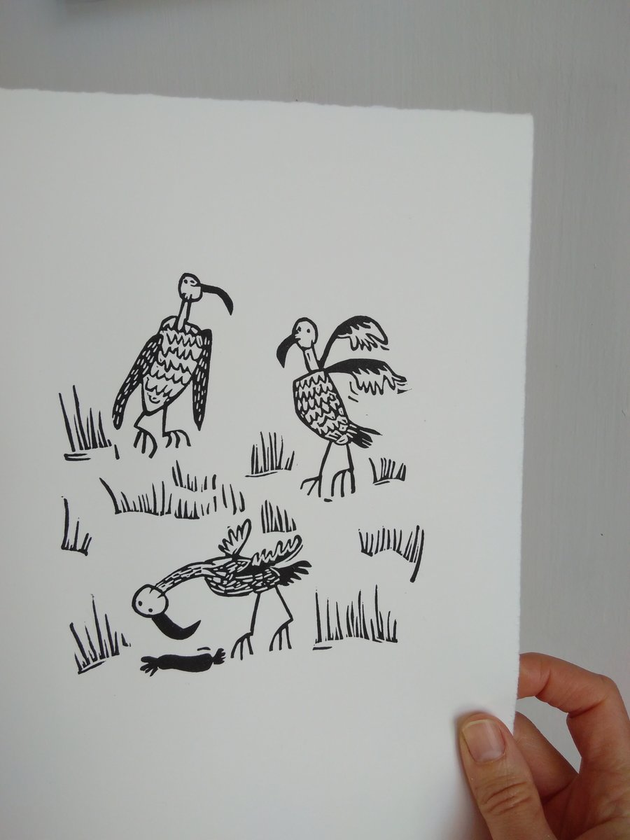 Three Vultures in a Field with a Sausage - lino cut print