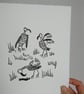 Three Vultures in a Field with a Sausage - lino cut print - Image 3