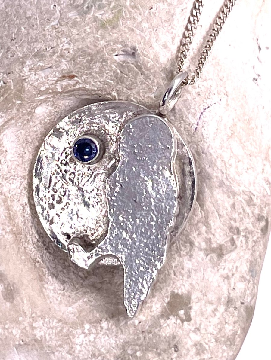 Fine silver owl and moon pendant 