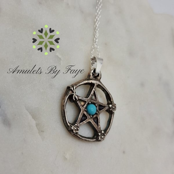 Sterling Silver Pentacle Pendant with Dragonfly, Flower & Turquoise Necklace.