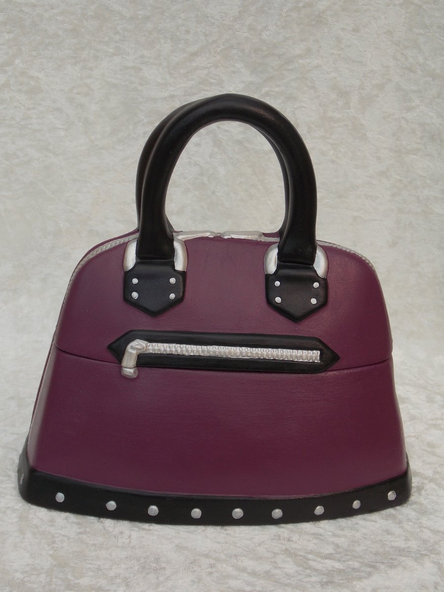 Hand Painted Large Ceramic Purple Black And Silver Handbag Jewellery Box Holder.