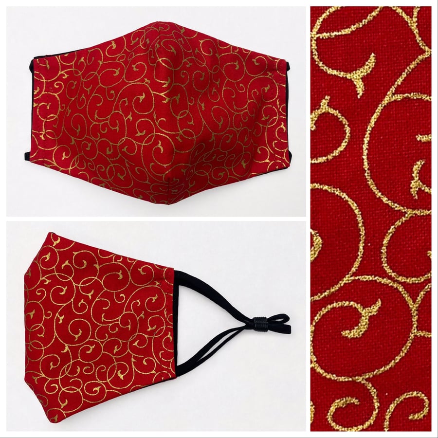 Red and gold cotton face mask. Three layers. Double sided.