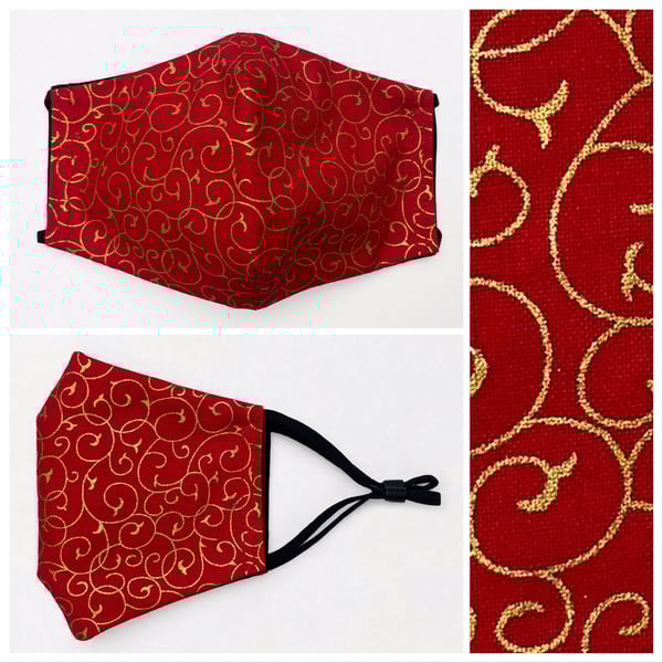 Red and gold cotton face mask. Three layers. Double sided.