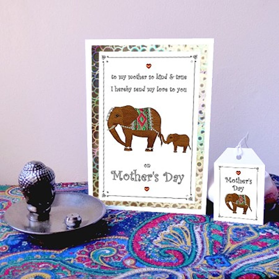 Elephants (mother & baby) - Mother's Day card & free gift tag