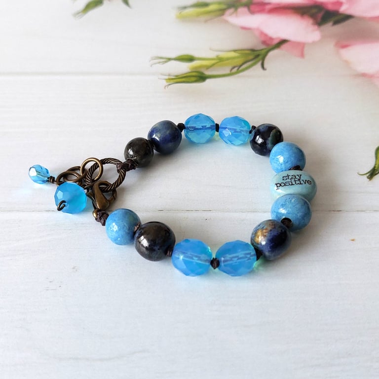 Blue Stay Positive Quotation Bead Bracelet for Women